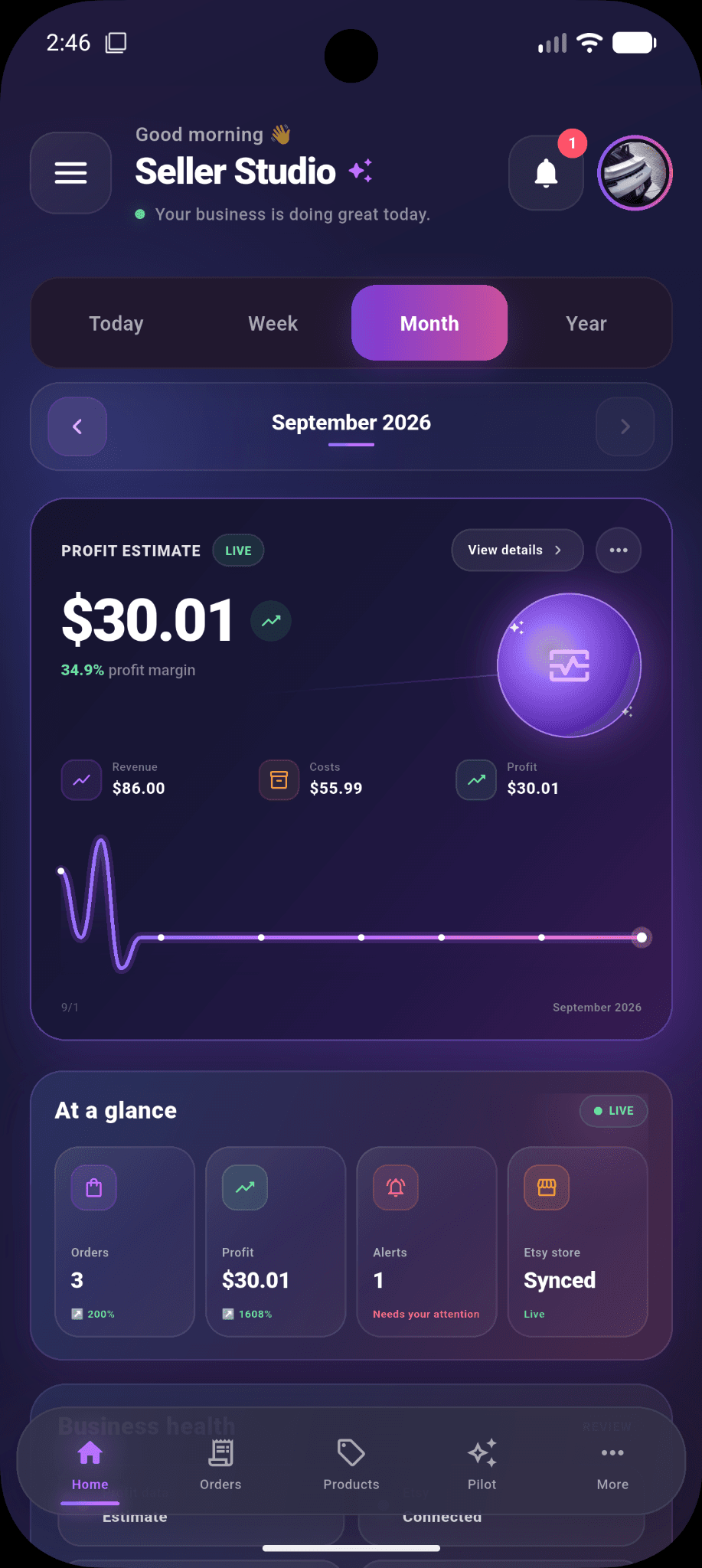 Live Seller Studio mobile dashboard showing profit, revenue, costs, orders and Etsy sync